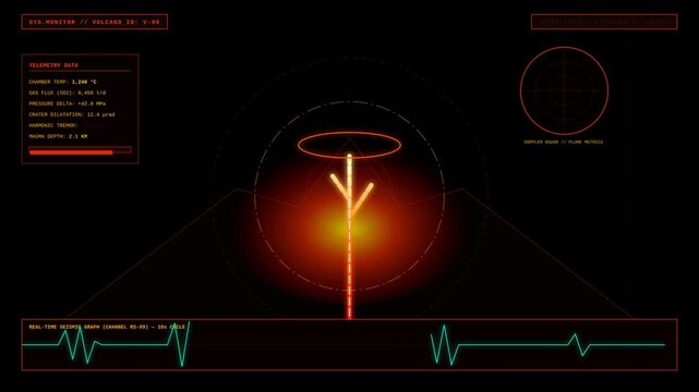Futuristic Volcano Monitoring System UI Animation with Digital Seismic Data and Alert Indicators