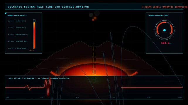 Futuristic Volcano Seismic Monitor Interface Displaying Magmatic Intrusion Activity Real Time Data