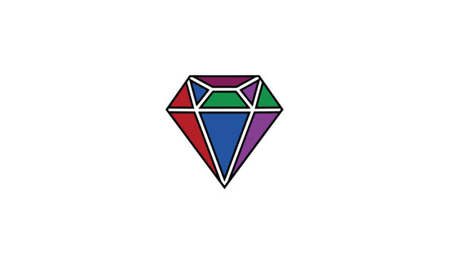 Vibrant multi colored faceted diamond gemstone displays bright red, green, and blue hues with a bold white outline.