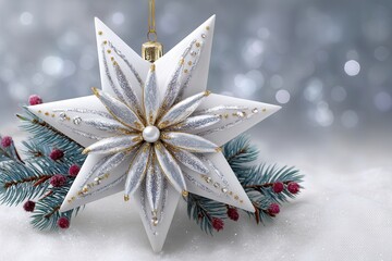 Naklejka premium White star ornament with silver glitter and gold accents on snowy pine branches