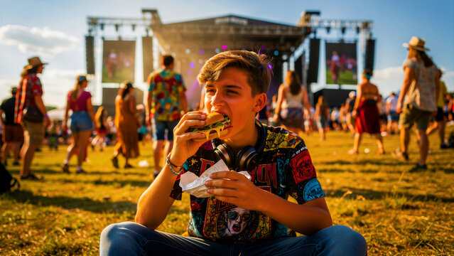 Teenage boy eating a burger sitting on grass at an outdoor music festival. Young man with headphones enjoying fast food during a sunny summer concert. Youth lifestyle and street food concept.