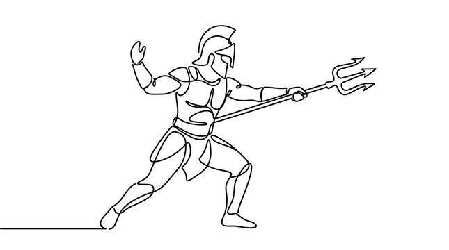Continuous Line Drawing of an Ancient Gladiator with a Trident