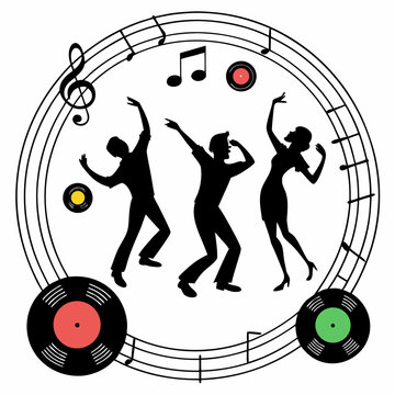 Group of happy people dancing disco style surrounded by musical notes vinyl records and circular frame border retro party vibes illustration black silhouette graphic.