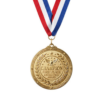 Medal glowing under bright studio lights, featuring a reflective golden texture and a patriotic red, white, and blue striped fabric ribbon against a clean transparent background.