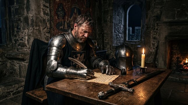 Medieval Knight in Plate Armor Writing a Letter on Parchment by Candlelight in a Castle
