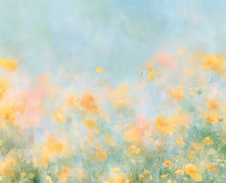 Soft, ethereal field of yellow blossoms beneath a hazy, pastel sky