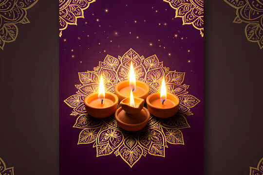 Purple Diwali Vertical Card with Glowing Clay Diyas & Golden Floral Mandala