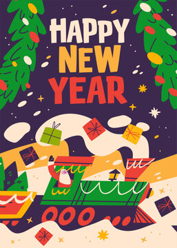 Happy New Year poster vertical banner with Santa Claus driving train, gift boxes, and Christmas tree branches. Vector illustration