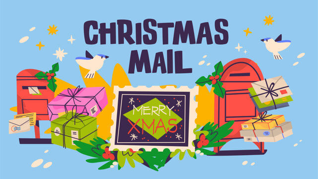 Christmas Mail delivery banner. Horizontal vector illustration with red mailboxes, postage stamp, parcels, envelopes, and birds