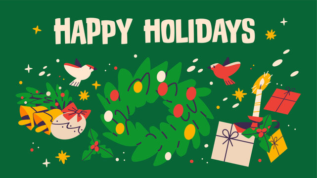 Happy Holidays vector banner horizontal illustration with Christmas wreath, birds, candle, gifts, and golden bells