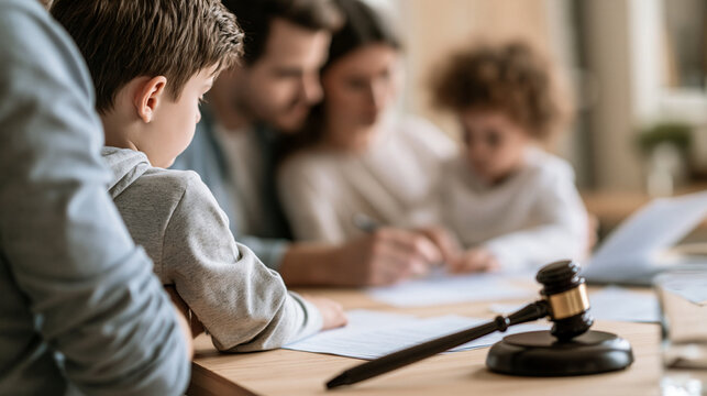 Junge im Vordergrund, Familie im Hintergrund am Tisch mit Richterhammer, Symbolbild Familienrecht und Scheidung