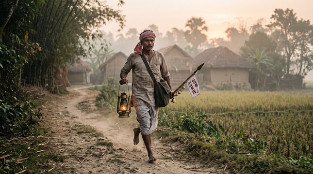 Traditional Indian Dak Harkara mail runner running through a rural village at sunrise with a lantern and spear