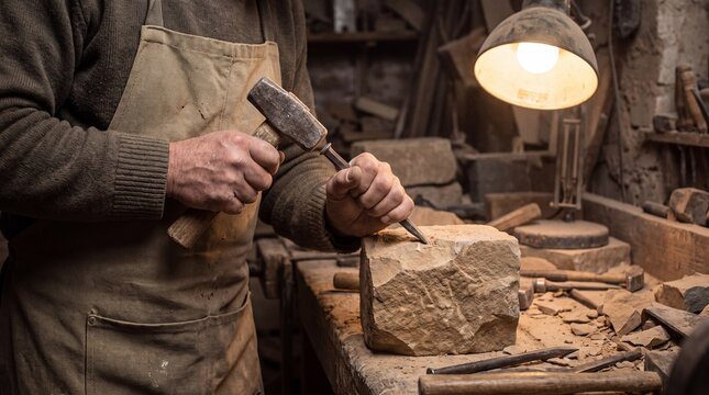 Craftsmanship Techniques, A skilled stonemason diligently chisels stone, showcasing masterful craftsmanship