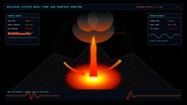 Volcanic System Real Time Subsurface Monitor Digital Interface HUD Animation