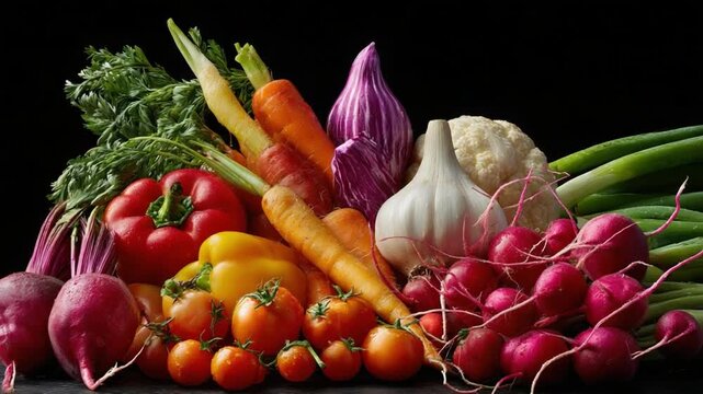 Vibrant Garden Bounty: A fresh assortment of ripe vegetables, including carrots, tomatoes, bell peppers, cauliflower, radishes, garlic, and onions.