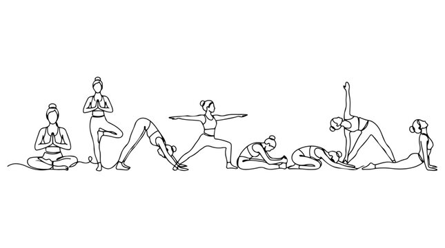 Yoga poses continuous line art illustration set of women exercising