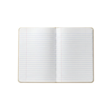 Open notebook with blank lined pages and a light beige cover PNG. The classic stitched composition book lays flat showing standard ruled paper with red margins.