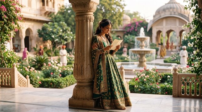Beautiful Indian woman in traditional green lehenga reading a letter in a royal palace courtyard