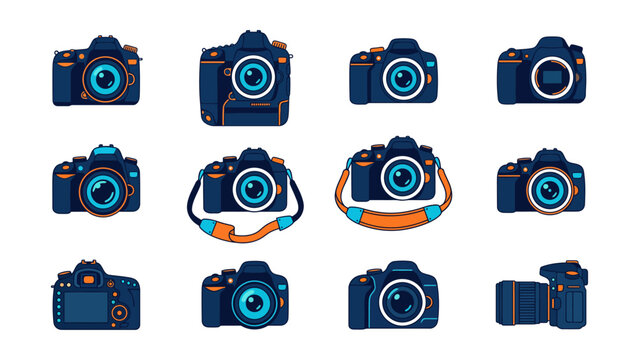 Collection of modern digital slr cameras and photography equipment vector icons with camera icon dslr camera photo camera lens camera strap video camera