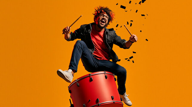Schlagzeuger springt &uuml;ber rote Conga-Trommel vor orangefarbenem Hintergrund, wilde Pose mit fliegenden Papierschnipseln f&uuml;r Werbedesign.