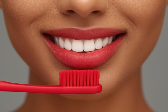 smiling woman with toothbrush and bright white teeth
