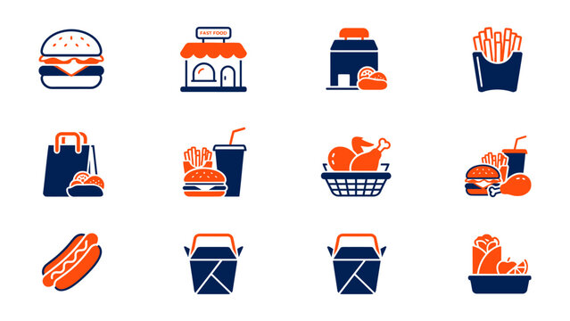 Fast food and restaurant delivery icons set with burgers fries drinks takeout boxes burger icon french fries takeout box junk food hot dog beverage cup