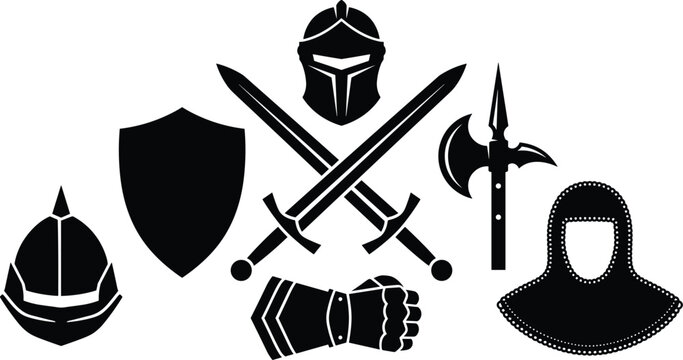 Medieval Knight Armor Silhouettes Set Crossed Swords Shield Helmets Battle Axe and Gauntlet Vectors