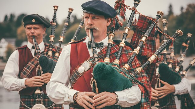 cultural event with pipers and dancers on green hills, dramatic clouds, heritage costumes and national traditions