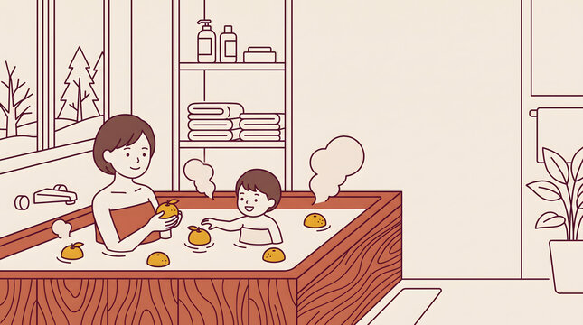 冬至の日に温かい柚子湯のお風呂に入って温まる母親と子供