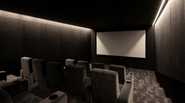 Private home cinema with blank projection screen, velvet seating and hidden led cove lighting