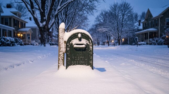 Snow-covered postal service mailbox on a quiet suburban street at dusk during a winter blizzard