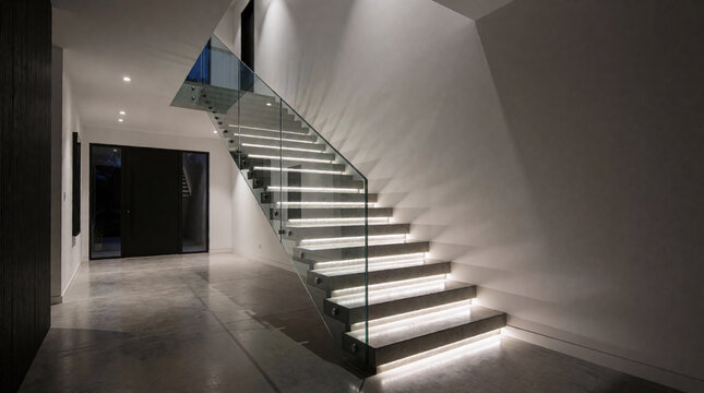 Floating concrete staircase with led step lighting and glass balustrade in modern entrance hall