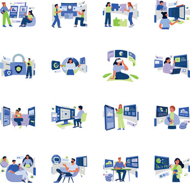 Glyph illustrations showing e-commerce, workflow, teamwork, programming, security, monitoring, VR, blog design, onboarding, data, engagement, AI, servers.

