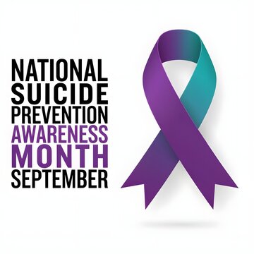 Teal and purple awareness ribbon with national suicide prevention awareness month september text on white background.