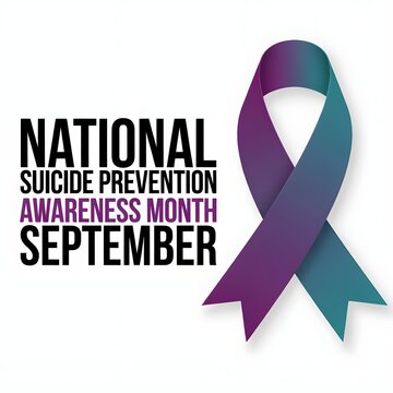 Teal and purple awareness ribbon with national suicide prevention awareness month september text on white background.