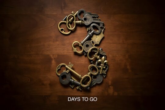 Number three formed by vintage metal keys on a dark wooden background for countdown concept