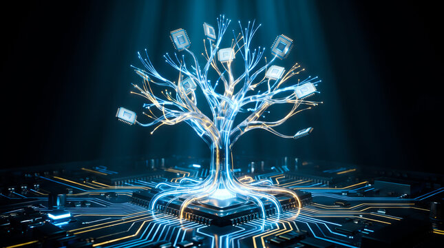 Futuristic glowing microchip tree growing on a computer motherboard representing digital growth.