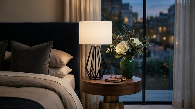 Modern hollow table lamp and floral vase placed on a stylish circular side table near a bed and large glass window in a cozy dimly lit room interior suitable for product display and luxury