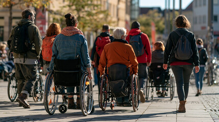 Obraz premium Gruppe von Menschen im Rollstuhl und zu Fuß auf einer Stadtstraße von hinten fotografiert, Symbolbild für Inklusion und Barrierefreiheit.
