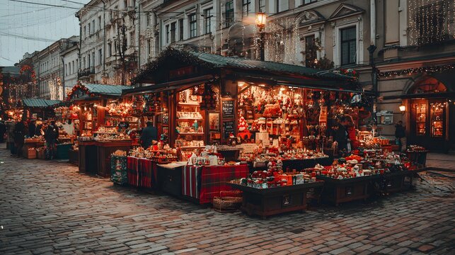 Christmas market in a historic town square, handcrafted decorations, festive lights, traditional seasonal culture