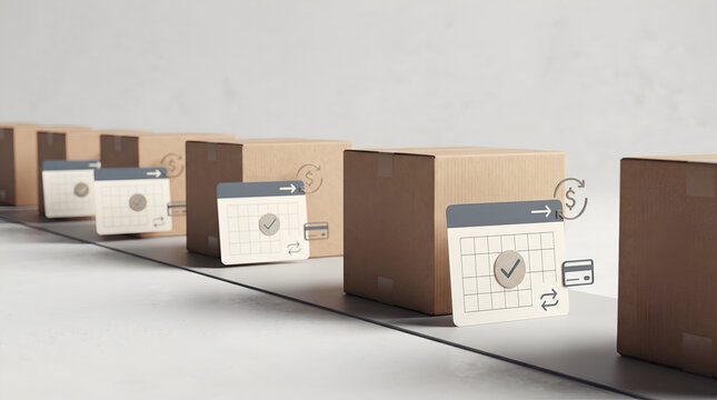 Subscription boxes on a conveyor belt with recurring delivery schedule icons
