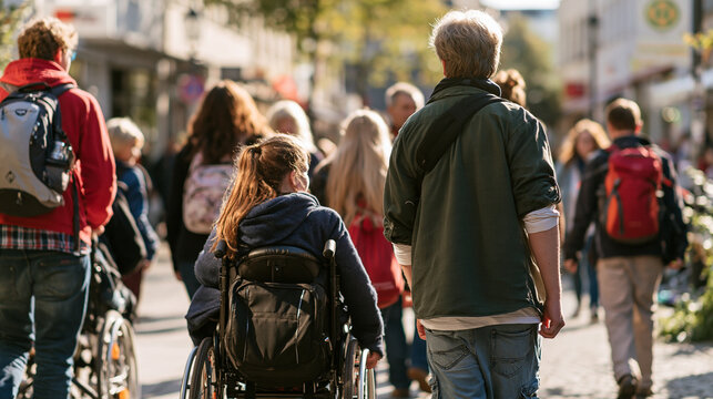 Gruppe mit Rollstuhlfahrer von hinten fotografiert beim Spaziergang durch die Stadt, Symbolbild f&uuml;r Inklusion im Alltag.