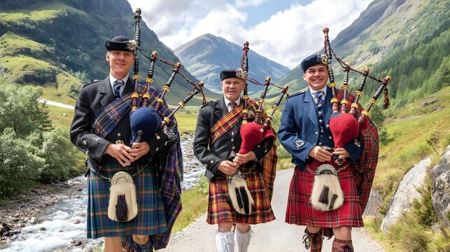cultural event with pipers and dancers on green hills, dramatic clouds, heritage costumes and national traditions