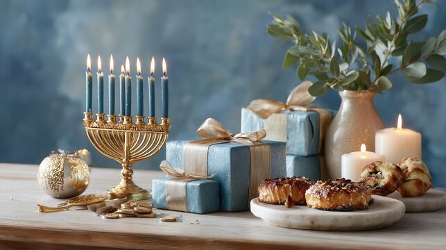 Hanukkah menorah with lit candles gifts and pastries
