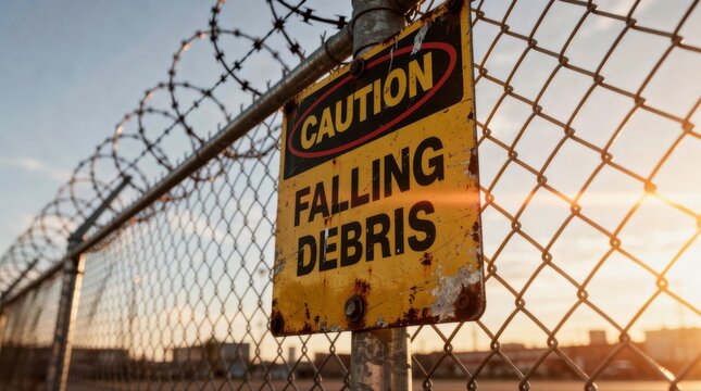 Caution falling debris sign on industrial chain link fence with barbed wire. Weathered safety warning at construction site during sunset. Occupational hazard concept for safety awareness.