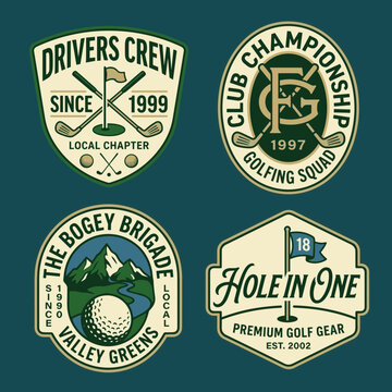 Golf club vintage badge collection. Hole in one sports graphic print for t shirt. Bogey brigade local valley greens. Premium golf gear design.