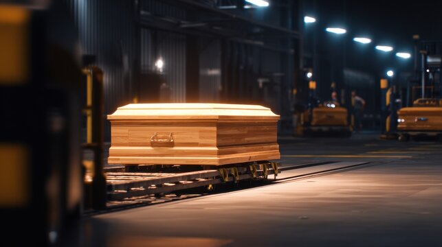A wooden coffin illuminated by warm light moving through an industrial warehouse environment