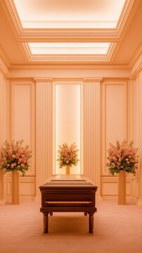 A serene interior space featuring a wooden casket surrounded by floral arrangements and soft lighting