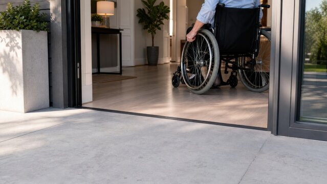 Flush threshold connecting a modern porch and home interior, ideal for wheelchair access, barrier-free entrances and universal residential design