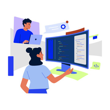 Two developers work together at a large dual-screen coding setup, reviewing code and interface panels while collaborating during pair programming.